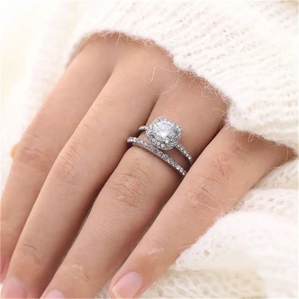 New 3.2 CT Cushion Cut Halo White Sapphire 14k White Gold Plated Bridal Ring Set - Picture 13 of 15